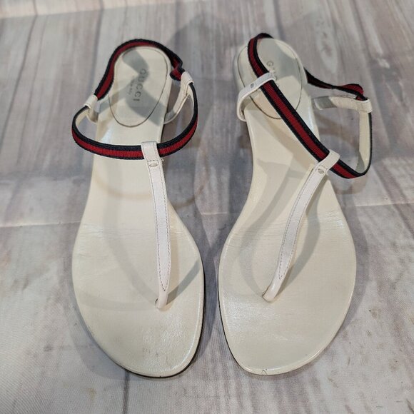 Gucci Women's White Sylvie Web Accent Leather T-Strap Sandals - Picture 1 of 9